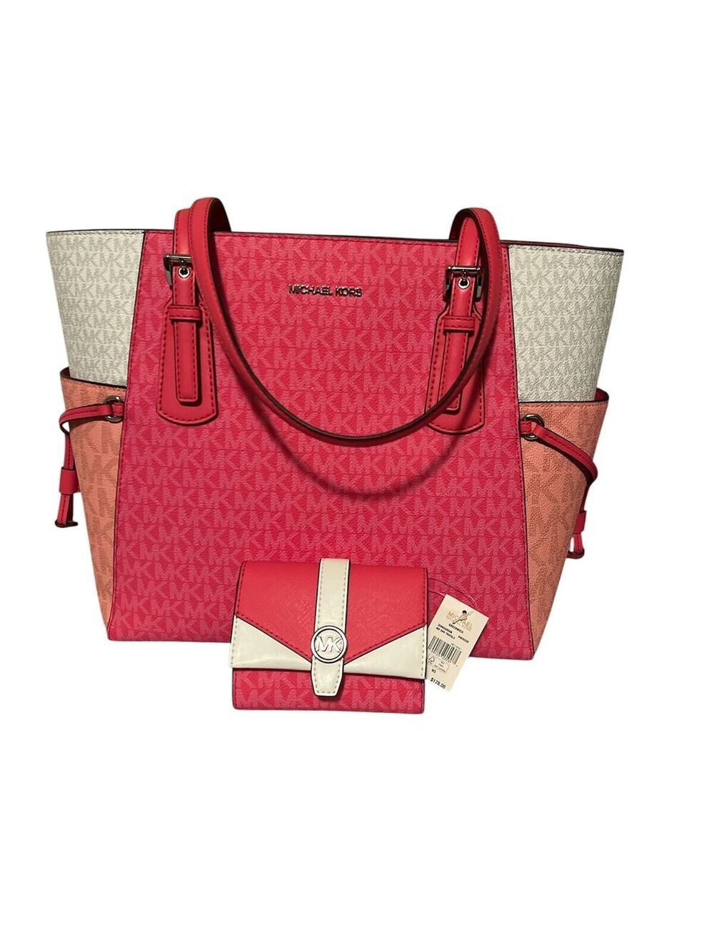 MK2. Michael Kors Voyager Large Color-Block Logo Tote/Wallet - Hibiscus